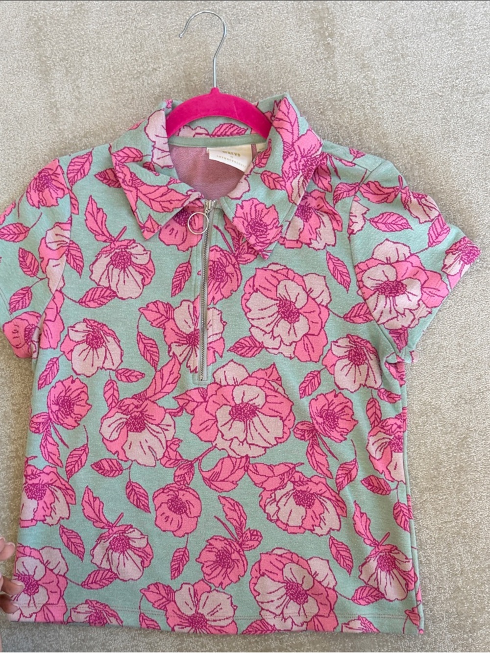 Anthropologie Maeve Mint Green & Hot Pink Floral Zip Polo